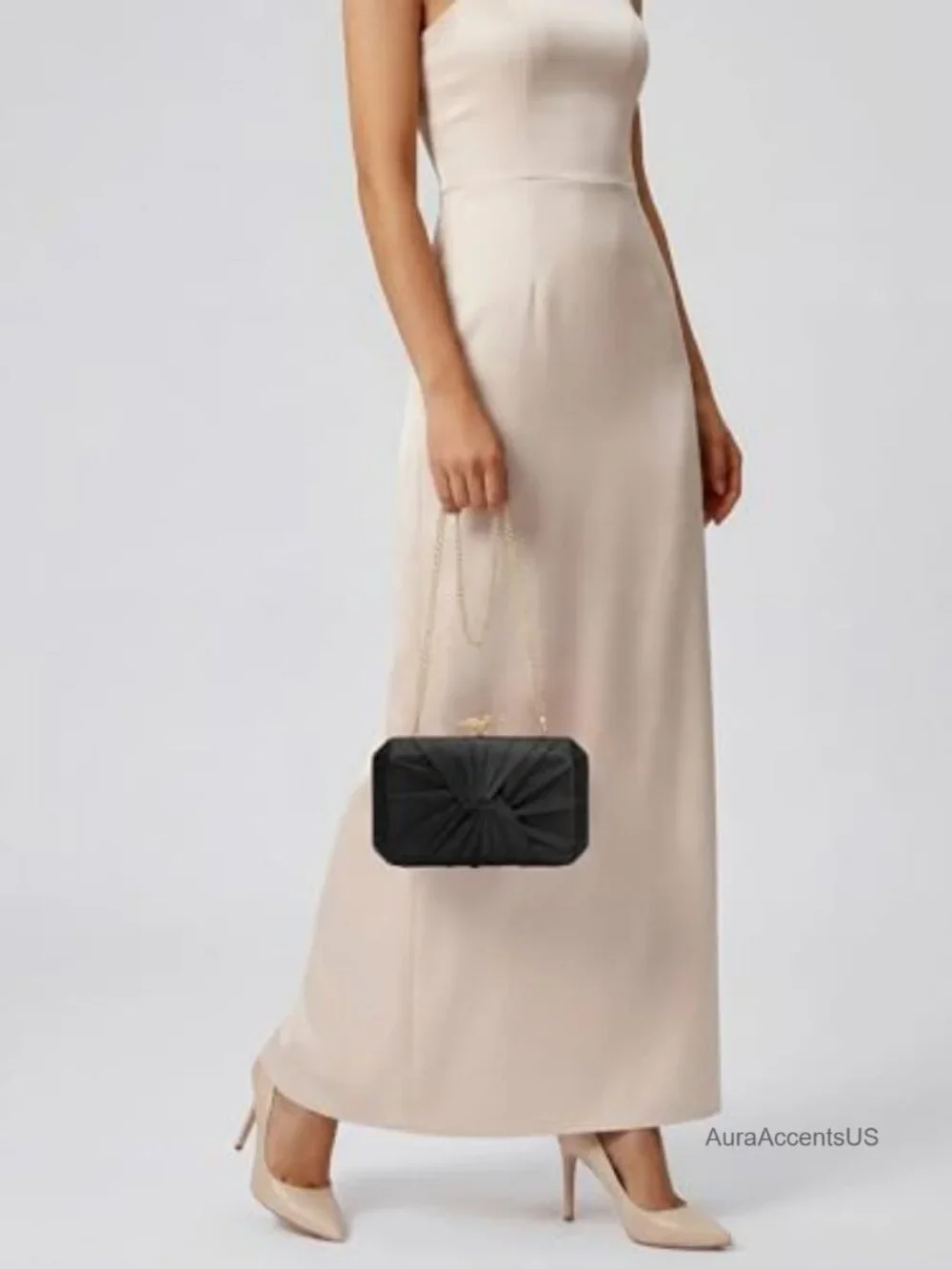 Pleated Satin Clutch with Detachable Chain Strap